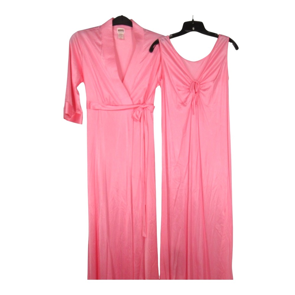 Vtg MONTGOMERY WARD Pink Nylon Tie Keyhole Lounge Robe/Nightgown SET Sz S/32